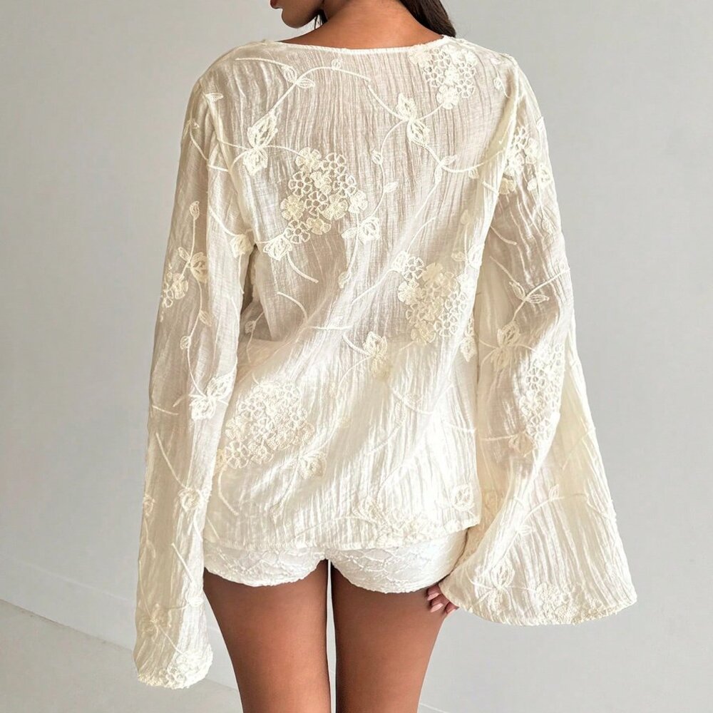 Apricot Sexy Women's Deep V Jacquard Flare Sleeve Blouse - Picture 2 of 8